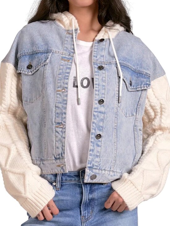 Elan Jackets & Blazers - Elan Denim Knit Sleeve Hooded Jacket Mixed Media Large